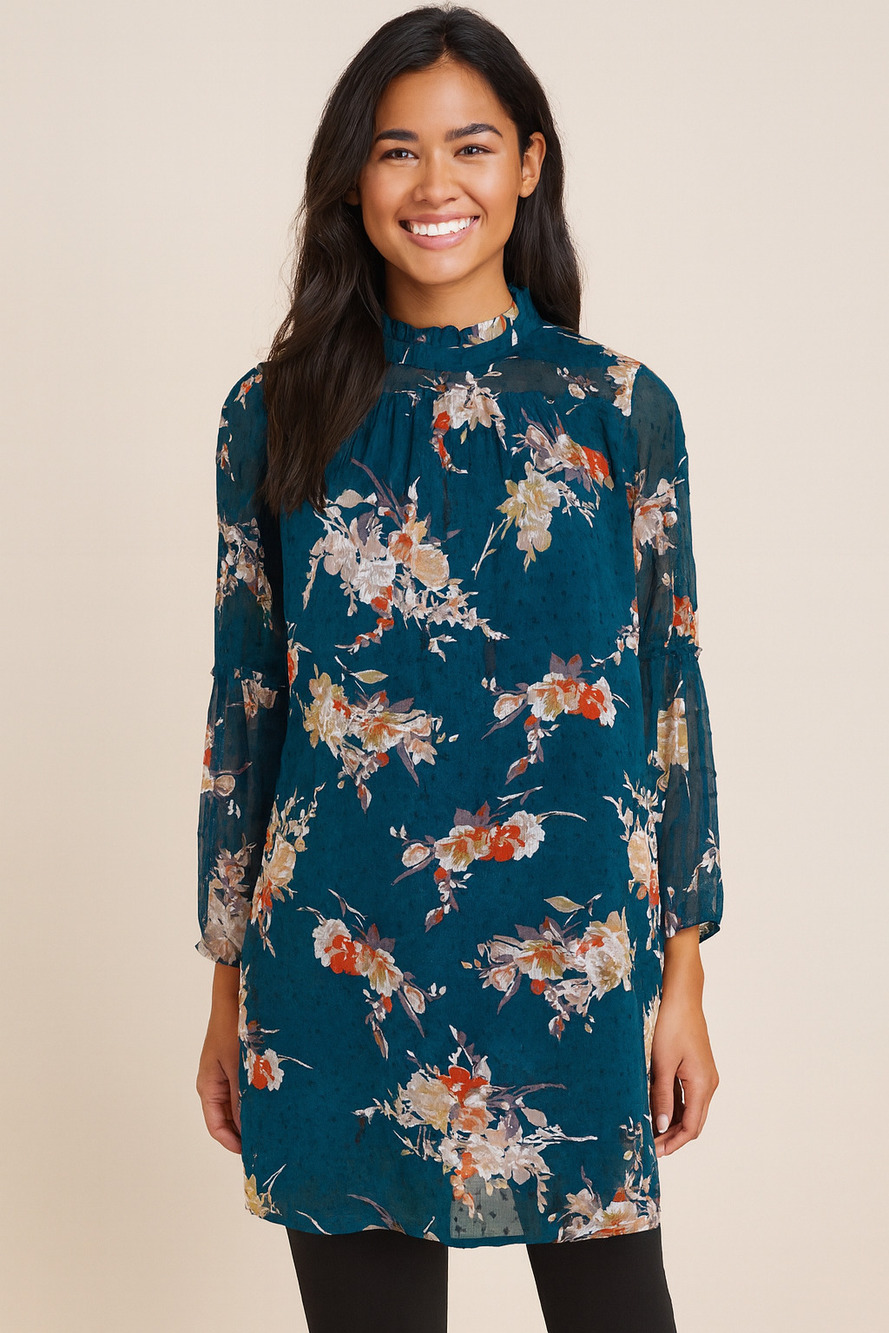 Japna Floral Boho Semi Sheer Mock Neck Bell Sleeve Peasant Dress Size Medium